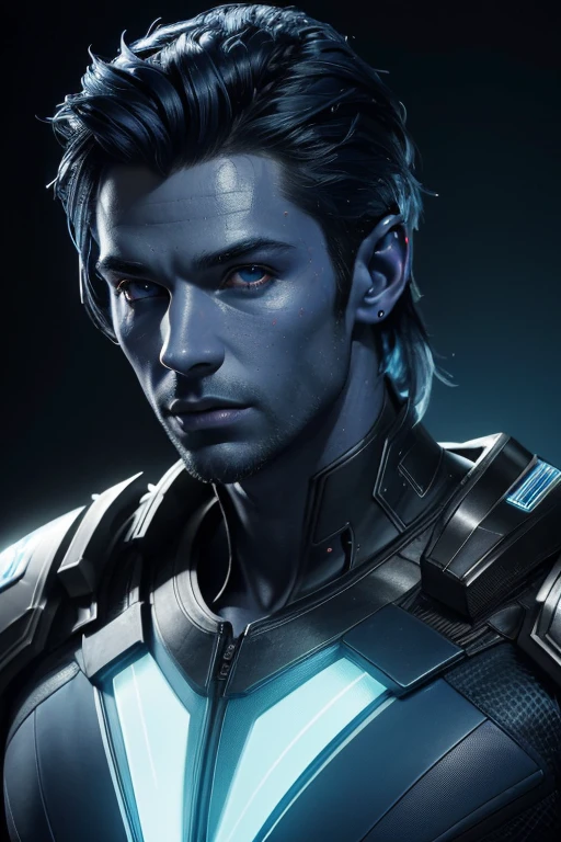 (best quality,4k,8k,highres,masterpiece:1.2), ultra-detailed, (realistic,photorealistic,photo-realistic:1.37), blue skinned male, alien, black hair, medio hair, blue outfit, vibrant colors, glowing lights, futuristic concept art, metallic textures, sharp focus, dynamic composition, dramatic lighting, sideral space, detail ear