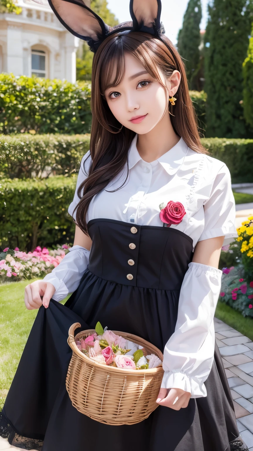 (brown hair), hair one side up, from below, ((rabbit ears)), maid headdress, (((masterpiece))), ((textured skin)), (((high details))), highres, cute, lovely, maid, apron dress, ((rose garden)), sunlight