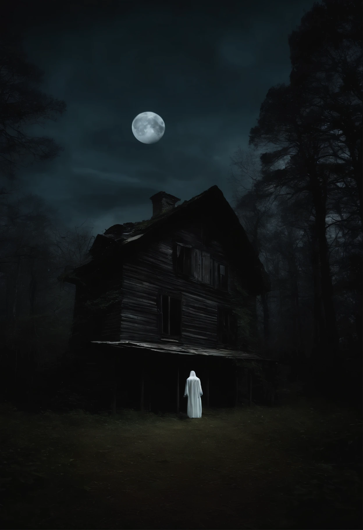Old abandoned house、In the dark forest、Human spirit、Dark Night、A white figure in the distance、scared、fear