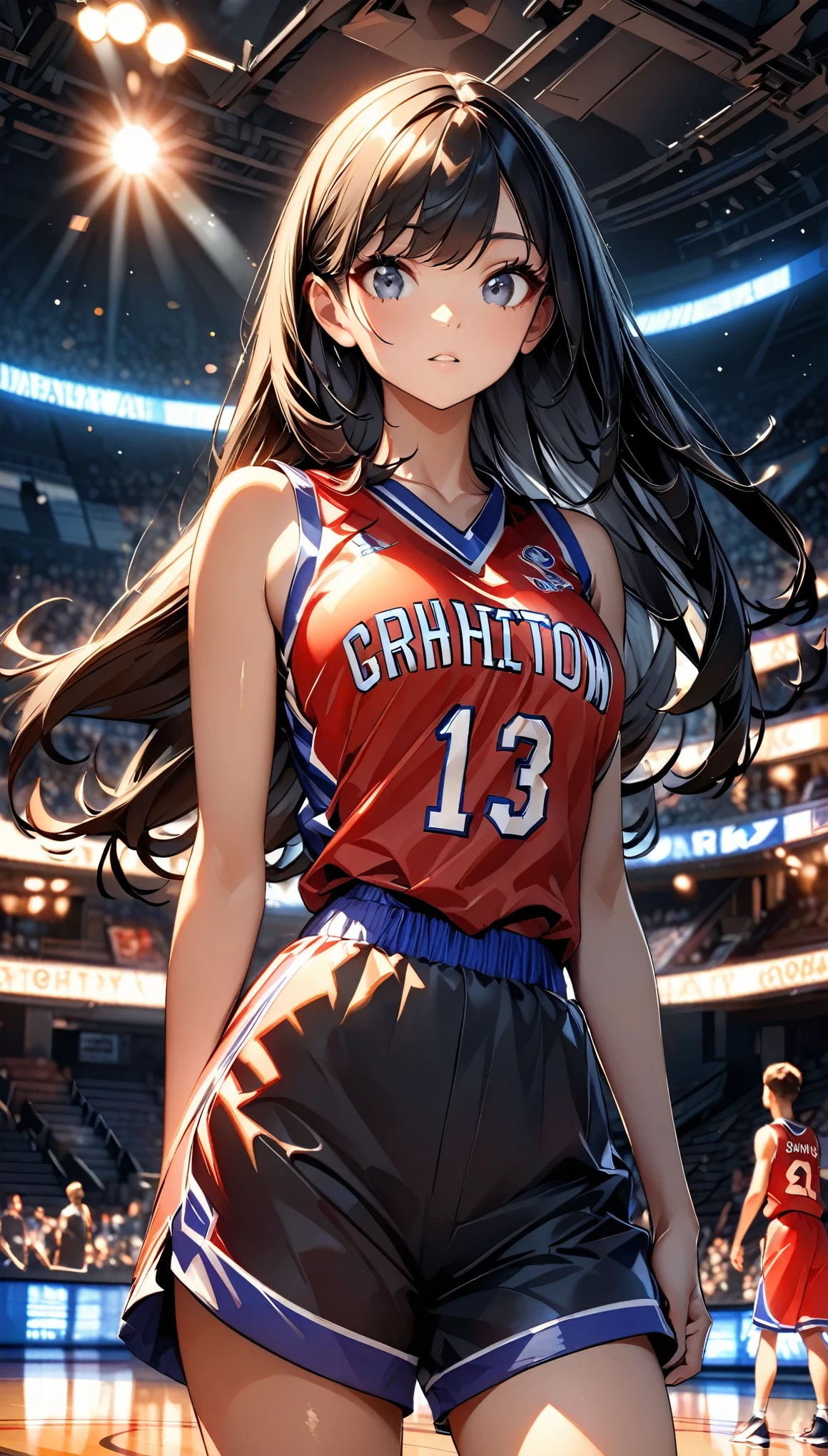 (highest quality:1.2, Very detailed, up to date, Vibrant, Ultra-high resolution, High Contrast, masterpiece:1.2, highest quality, Best aesthetics), (((1 girl))), Beautiful woman, Photon Mapping, Radio City, Physically Based Rendering, Cinema Lighting, Basketball court,Depth of written boundary, Sharp focus,Sunbeam, Good composition, (Bokeh:1.2), Fine grain, Random Pause, Tight waist, Basketball Uniforms, Shorts, Black Hair, Shiny straight hair, Long hair blowing in the wind,