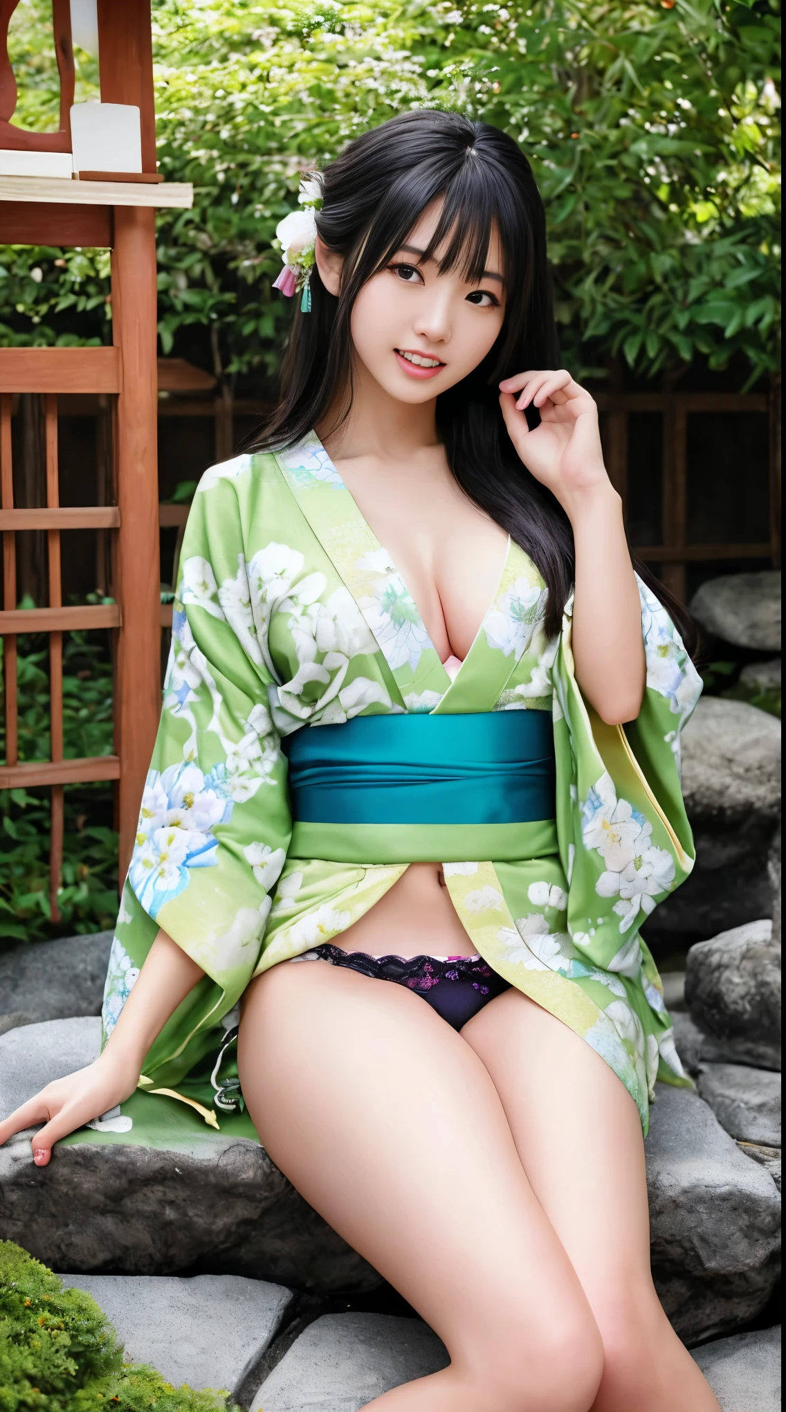 最high quality、high quality、Best image quality、8k、最High resolution、High resolution、最high quality、masterpiece、RAW Photos、whole body写真、Detailed and realistic human body、Detailed and realistic skin、Realistic face in every detail、Detailed and realistic eyes、Detailed and realistic lips、Detailed and realistic teeth、Detailed and realistic ears、Detailed and realistic hair、Realistic reproduction of every detail、Realistic fingers in every detail、(Perfect and beautiful hands、thumb1reference4)、Realistic feet down to the last detail、((Beautiful Japanese Girl))、(Japanese Model)、((18 year old beautiful girl))、(Black Hair)、(Straight hair)、((whole body))、(Slim and perfect figure)、(whole body光沢肌、Fair skin)、Soft natural light、(Maiko-san、geisha、kimono、Long-sleeved kimono、yukata、Japanese tradition、Samurai Residence、Japanese garden、((カラフルな花柄のkimono))、((Japanese garden内で(Poses to make your thighs look beautiful))、((Sexy panties visible between her thighs))