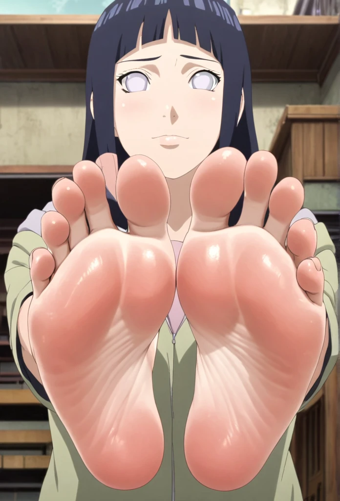 Hinata Hyuga, 2 feet, 5 toes, correct feet anatomy, soles facing viewer, focus on soles