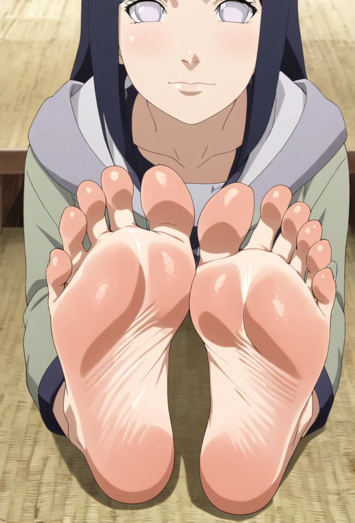 Hinata Hyuga, 2 feet, 5 toes, correct feet anatomy, soles facing viewer, focus on soles