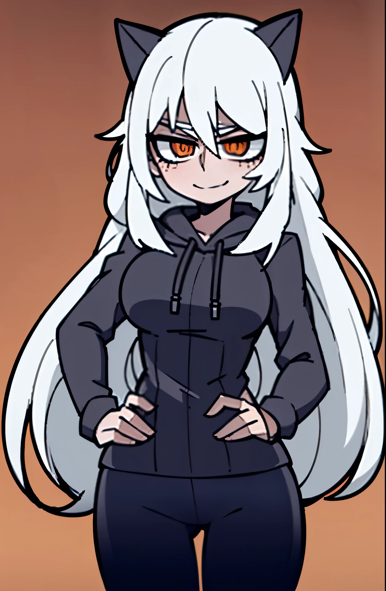 woman, long hair, white hair, standing, whole body, detailed face, detailed body, black hoodie, white skin, full body, complete body, wavy hair, solo, perfect face, tall woman, orange eyes, cat ears, high resolution, smile, blush, thick thighs, black cotton pants, big ass, tall woman, hands on hip, standing, best quality, covered thighs, covered legs, hoodie, whole body take