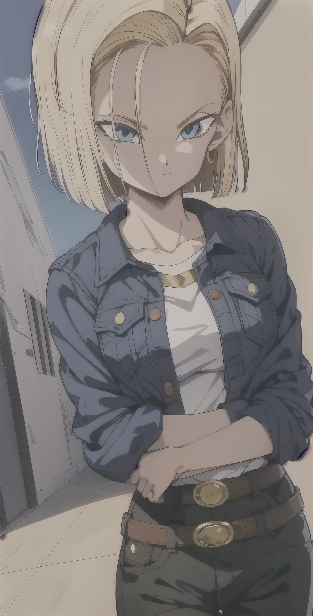 fonte_anime, punctuation_9, punctuation_8_acima, punctuation_7_acima, captura de tela de anime, rosto detalhado, android 18, classic appearance, 1 garota, Sozinho, olhando para o espectador, cabelo curto, olhos azuis, cabelo loiro, clavicle, standing, arms at side, Nervoso, tiro de vaqueiro, fogo, smoke, cidade arruinada, Cabelo molhado, chuva, camisa rasgada, unique shoulder nu, brincos de argola, camisa preta, mangas listradas, cinto, saia jeans, black pantyhose, Messy hair,