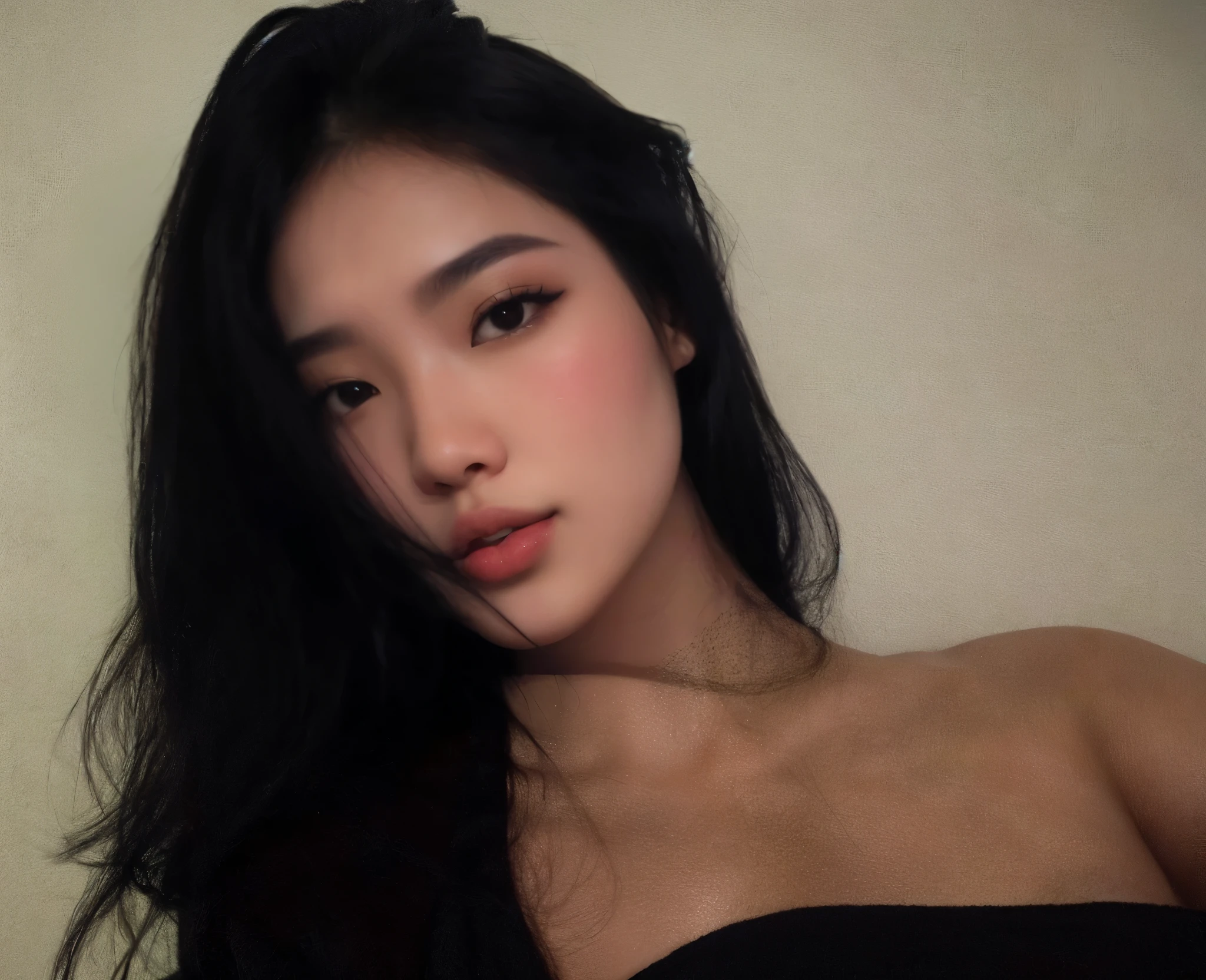 Coreana, Asian, cabelo preto, fleshy lips, seios volumosos