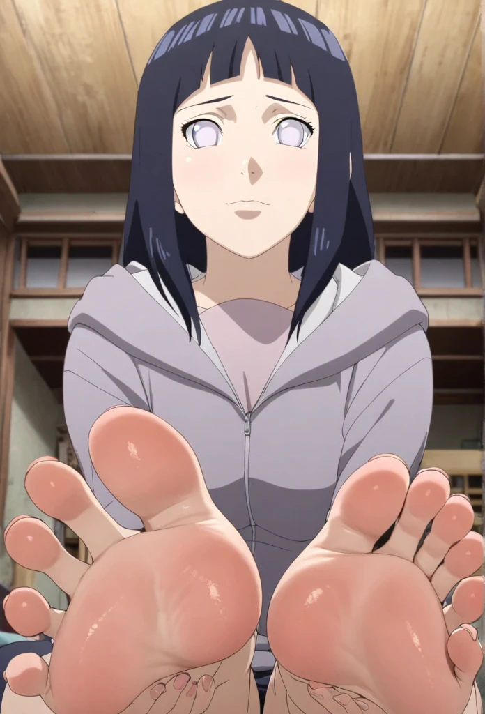 Hinata Hyuga, 2 feet, 5 toes, correct feet anatomy, soles facing viewer, focus on soles