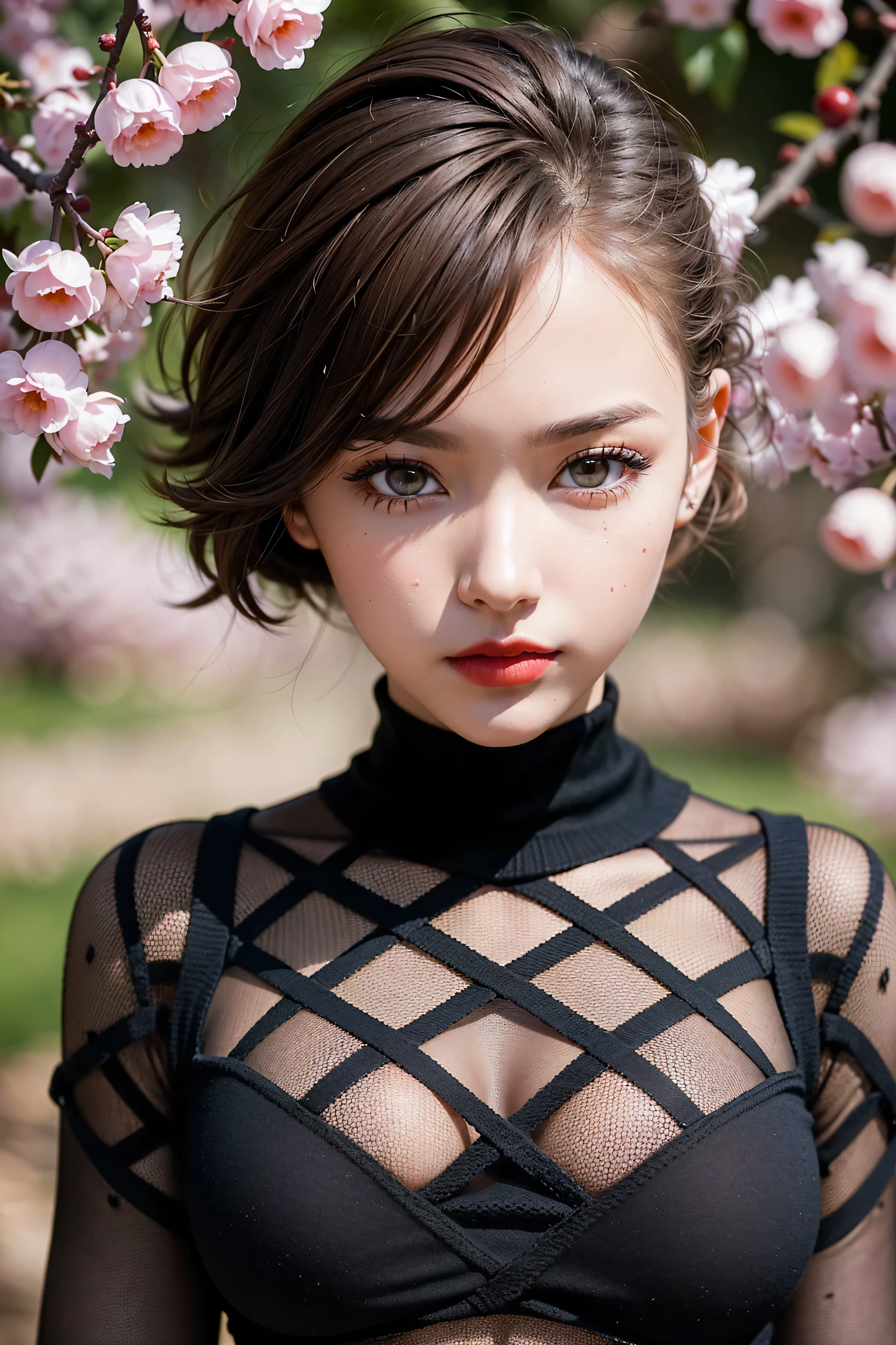 (Insanely detailed sharp-photo:1.1),(1girl:1.35, 20-year-old), Realism, highest resolution, (the most absurd quality),((highest quality realistic texture skin)),((highest quality realistic texture hair)),BREAK,((brown hair, (slicked to the side), Insanely detailed:1.43)), (outside,an orchard of blooming cherry trees:1.3),((perfect proportions)),((anatomically correct)),((firm and full big breasts:1.3)),(the most absurd quality perfect eyes), (super detail beautiful slim and sharp-face), ((light pale complexion)), ((Insanely detailed clear and sharp perfect round realistic brown_eyes)), finely detailed pupils, detailed lips:1.3, (long_blue_eyeliner:1.18), (pink_lipstick:1.3), (perfect dark_eyeshadows:1.35), (Detailed nose:1.2), ((Upper body shot)), ((wearing a tight black knitted mini dress:1.35)),(small head:1.3), (close up of her face), exquisite balance of shadows,perfect composition,((look at the viewer)), Hasselblad, 85mm f/4.2
