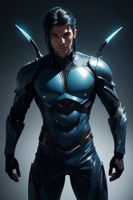 (best quality,4k,8k,highres,masterpiece:1.2), ultra-detailed, (realistic,photorealistic,photo-realistic:1.37), blue skinned male, alien, scales, trident, black hair, medio hair, blue outfit, vibrant colors, glowing lights, futuristic concept art, metallic textures, sharp focus, dynamic composition, dramatic lighting, sideral space, mermaid ear