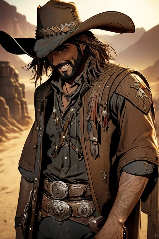 (a)pistolero,hombre, sombrero de vaquero,[salvaje oeste] escenario,Desierto iluminado por el sol,camino polvoriento,Botas de vaquero,Figura solitaria,ojos ardientes,sonrisa dentuda,(mejor calidad),(realista:1.37),retrato,estilo occidental,vivid colors,warm tones,Silueta retroiluminada,cara sombreada,arte de fantasia, juego de rol,fantasy character,cicatrices,pistolaa,revolver,pistola,fumar,