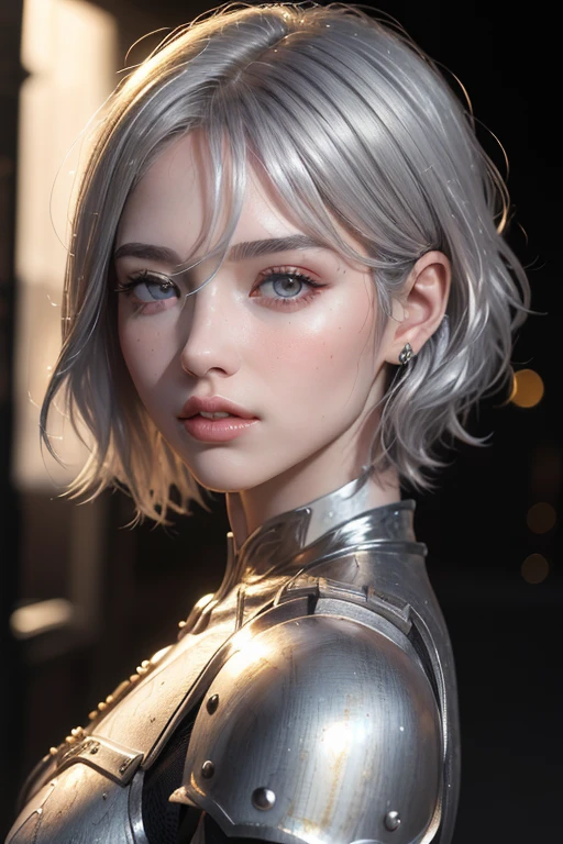 (masterpiece:1.3), (8k, photorealistic, RAW photo, best quality: 1.4), (1girl), beautiful face, (realistic face), (silver hair, short hair:1.3), beautiful hairstyle, realistic eyes, beautiful detailed eyes, (realistic skin), beautiful skin, white skin, (black armor), absurdres, attractive, ultra high res, ultra realistic, highly detailed, golden ratio