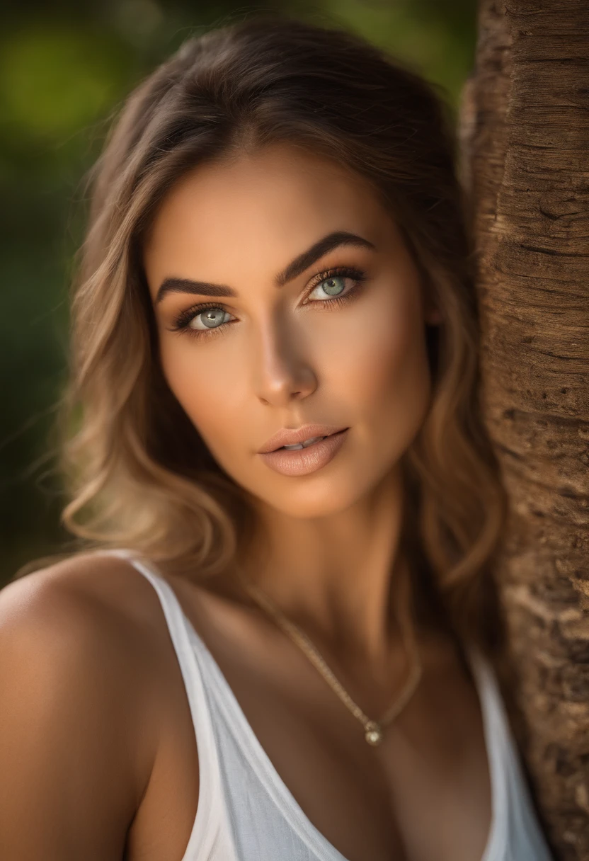 Arafed Woman wearing a white tank top and necklace, Fille sexy aux yeux verts, tanned skin, Portrait de Sophie Mudd, cheveux bruns et grands yeux, selfie d&#39;une jeune femme, yeux de la chambre, Violette Myers, sans maquillage, Maquillage naturel, regardant directement la caméra, comment con artgram, maquillage subtil, Impresionante foto de corps entier, yeux verts perçants, bel angle, pose attrayante, mignon , pose sexy, Image du corps entier, corps entier, séance photo sur tout le corps, Brown Goddess, high detail, Pose satisfaite, pantalon en cuir