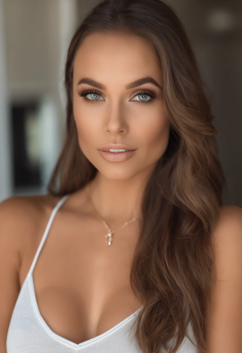 a 30 year old woman naked in a living room, slim and athletic with light brown skin, con rostro en forma de diamante, cabello ondulado y de color negro, cejas abundantes, ojos marrones y rasgados, small, raised nose, labios con volumen. con manos y pies realistas, mirada provocadora con ganas de tener sexo, abundant breasts and shaved vagina hyper-realistic photo taken by a professional camera