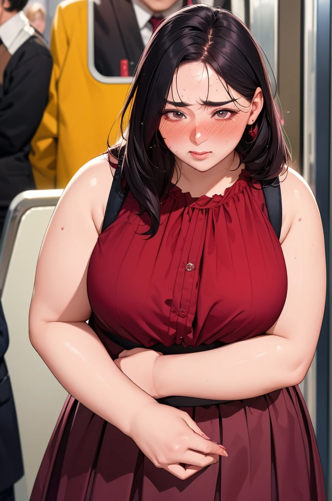 (dark madder red blouse,sleeveless,arms-baring:1.3),(look up at viewer:1.2),(black and long flare skirt),thick arms,(hang on to a strap:1.3),pov,close up,mature face,(from above),frontshot,single mole on cheek,black hair,sweaty,voluminous hair,unkempt hair,plump tall woman,aroused,(crowded train),(aroused and blushed:1.5),27 years old,(fair skin:1.3),(cute eyes,tareme),plump oval face,light makeup,standing in train,leaning on train door,skirt lifted,