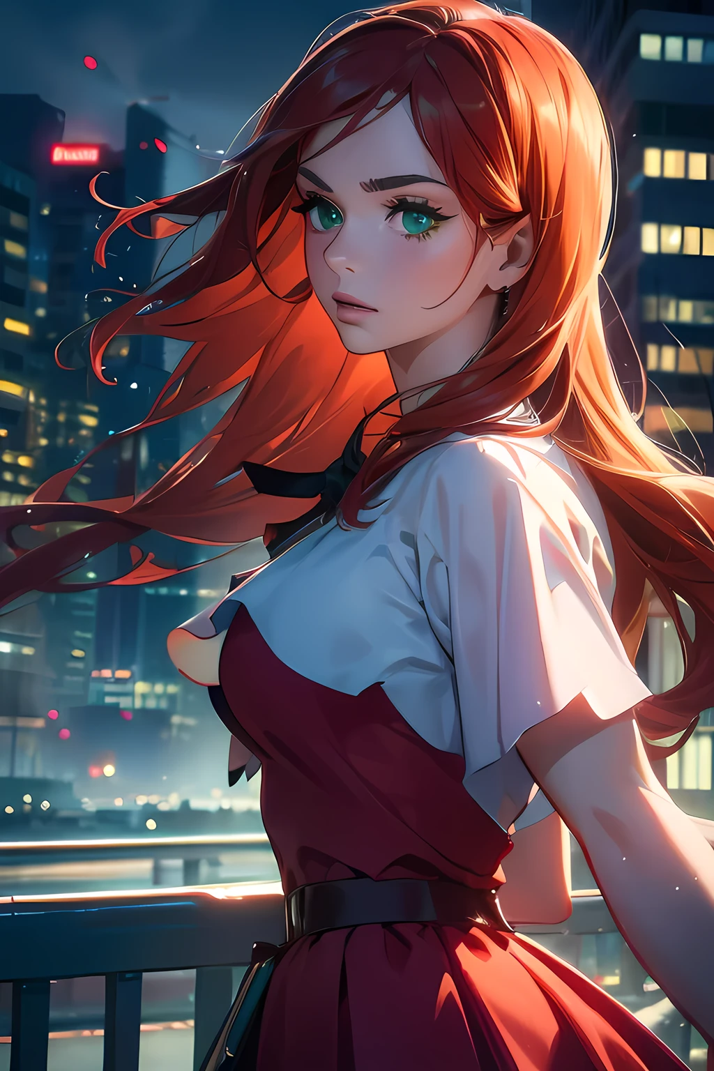 (best quality,realistic:1.2),ultra-detailed,(realistic,photorealistic,photo-realistic:1.37),portraits,instagram influencer,1 girl,realistic detailed green eyes,redhead,beautiful detailed lips,beautiful detailed eyes,longeyelashes,looking side ways,red skirt,night scene,hair blowing in the wind,vivid colors,studio lighting,city lights in the background,modern architecture,smoky atmosphere,urban setting