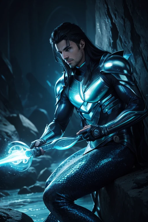 (best quality,4k,8k,highres,masterpiece:1.2), ultra-detailed, (realistic,photorealistic,photo-realistic:1.37), blue skinned male, alien mermaid, scales, scepter, black hair, medio hair, blue outfit, vibrant colors, glowing lights, futuristic concept art, metallic textures, sharp focus, dynamic composition, dramatic lighting, sideral space, mermaid ear