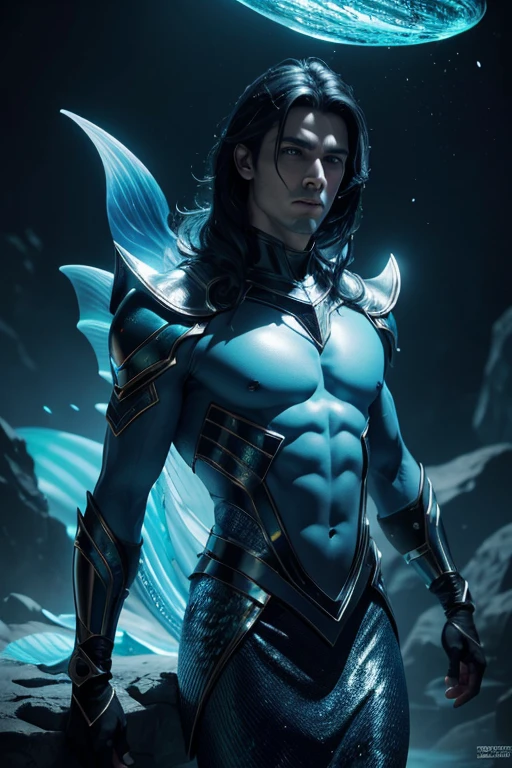 (best quality,4k,8k,highres,masterpiece:1.2), ultra-detailed, (realistic,photorealistic,photo-realistic:1.37), blue skinned male, alien mermaid, scales, scepter, black hair, medio hair, blue outfit, vibrant colors, glowing lights, futuristic concept art, metallic textures, sharp focus, dynamic composition, dramatic lighting, sideral space, mermaid ear