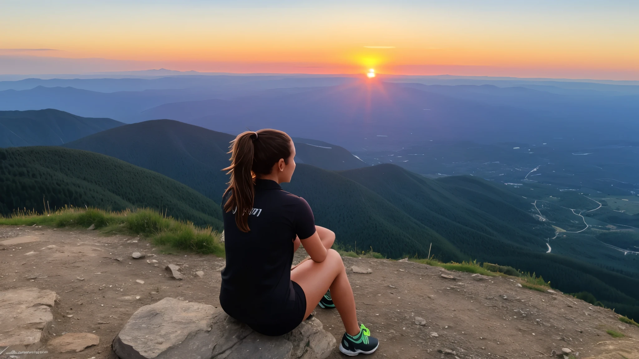 sportive girl watched the sunset on the top of the mountain