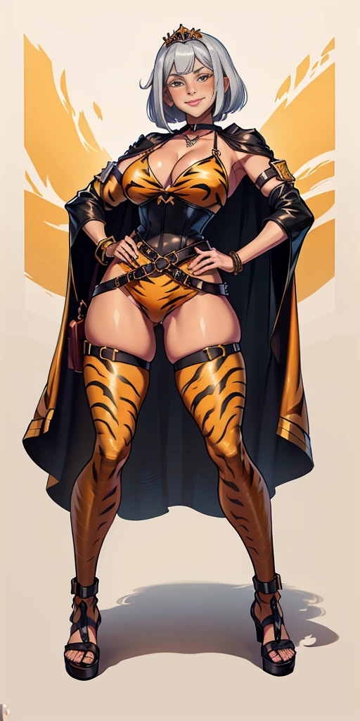((Masterpiece, plain background,1:2, masterpiece)) full body standing with two long yellow tiger print stockings, toned thighs,cleavage, separate yellow tiger print stockings thighs and sleeves, tiara royal, long cape up to two feet, yellow tiger bikini print, hands on waist, navel, lustful smirking smiling, smile face (red blushed, red cheeks) metal shoulders, armbands, black leather choker slave collar, full body standing with two long thighs and two metal sandals, red eyes, silver white hair, short bob hair, big knockers, cleavage, separate sleeves, tiara royal, long cape up to two feet, leather corset, yellow bikini, hands on hips, metal shoulders, armbands, black leather choker collar, shackles bracelets, slave red crest, pauldrons, loincloth standing, hands on hips, metal sandals, big belt, view from below, feet together, bracers, tiara, standing contrapposto straight symmetrical looking to viewer