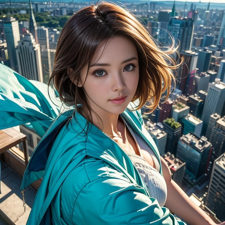 A woman with the supernatural power to fly、(Soaring above the big city:1.6)、(Hair blowing in the wind and clothes fluttering in the wind)、Charming smile、Distinctive and attractive costumes、Dynamic pose、Dynamic low-angle shot、mynatalee women 、 (highest quality、4k、8k、High resolution、masterpiece:1.2)、Super detailed、(Real、Photorealistic、Photorealistic:1.37)、HDR、Bright colors、Portrait、Sharp focus、Studio Lighting、anime、Bright colors