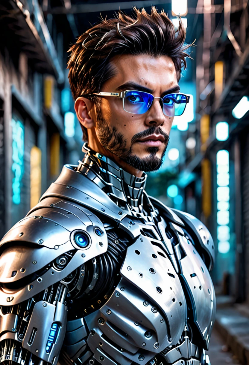 um homem ciborgue ultra bonito moreno de oculos, perfect android man, beautiful robot character design, armadura futurista simplificada, cabelo preto, barba curta, SLR Lighting, SLR Camera, ultra qualidade, Nitidez, profundidade de campo, film grain (Centro), Fujifilm XT3, claro como cristal, frame Centro, serious face, sharp focus, imagem de corpo inteiro, pose de frente, realista, cidade futurista, rosto cyborg