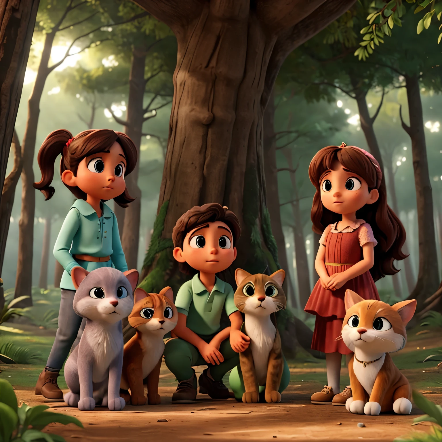 In a forest, Luna, gathers Mateo, Melisa, Pablo and Olivia. The animals look at each other with determination while Luna explains a situation.