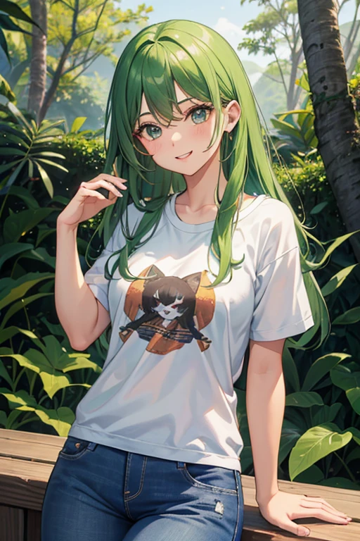 1 girl, (cabelo castanhos), (camiseta verde), jeans, athletic, (assas de fada), fada tem assas, assas cor-de-rosa, assas nas costas, olhos verdes, Scenery in the forests, cabelos longo lisos, olhando para o espectador, solo, realista, sorrindo, (obra-prima: 1.4), (melhor qualidade: 1.4), Young lady --high