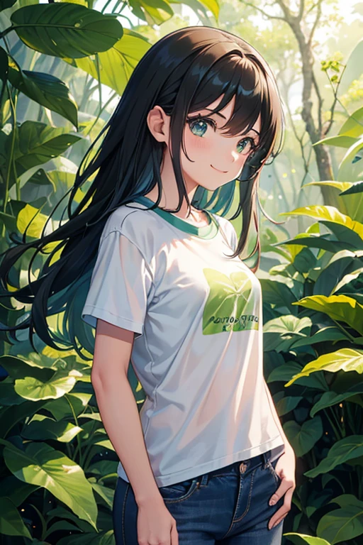 1 girl, (cabelo castanhos), (camiseta verde), jeans, athletic, (assas de fada), fada tem assas, assas cor-de-rosa, assas nas costas, olhos verdes, Scenery in the forests, cabelos longo lisos, olhando para o espectador, solo, realista, sorrindo, (obra-prima: 1.4), (melhor qualidade: 1.4), Young lady --high