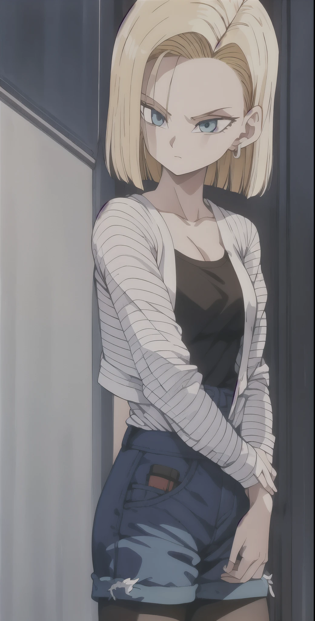 fonte_anime, punctuation_9, punctuation_8_acima, punctuation_7_acima, Captura de tecido de anime, rosto detalhado, android 18, classic appearance, 1 garota, Sozinho, olhando para o espectador, cabelo curto, olhos azuis, cabelo loiro, clavicle, standing, arms at side, Nervoso, tiro de vaqueiro, fogo, smoke, cidade arruinada, Cabelo molhado, chuva, camisa rasgada, single shoulder nu, brincos de argola, camisa preta, mangas listradas, cinto, saia jeans, black pantyhose, Messy hair,