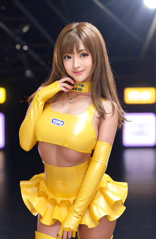 One woman standing solo, /(Grid Girls/) /(Yellow costume with logo/) mini skirt, Mature Woman, /(Brown Hair/) bangs, A gentle blushing smile, (Masterpiece of the highest quality:1.2) Delicate illustrations, super detailed, Large Breasts, Thigh High Boots Break /(Motor show indoors/), audience, Detailed Background