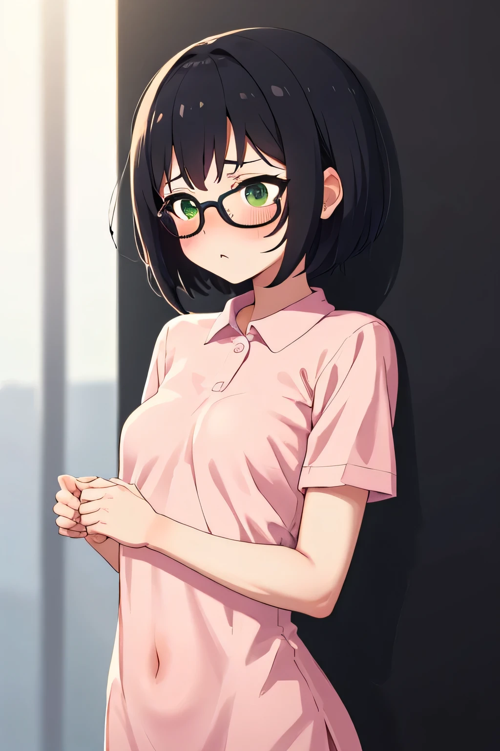 In town,Small breasts that can be rolled up, Troubled face Black hair,short hair,Green Eye Glasses,(Shocking pink plain polo shirt, Short sleeve, naked), (High resolution, high quality:1.1), Intricate details, 1 girl,(blush,Embarrassing)Lots of people around, thin pubic hair, whole body