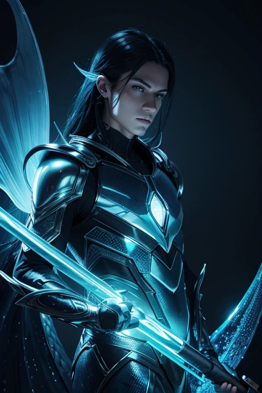 (best quality,4k,8k,highres,masterpiece:1.2), ultra-detailed, (realistic,photorealistic,photo-realistic:1.37), blue skinned male, alien mermaid, scales, scepter, black hair, medio hair, blue outfit, vibrant colors, glowing lights, futuristic concept art, metallic textures, sharp focus, dynamic composition, dramatic lighting, sideral space, mermaid ear