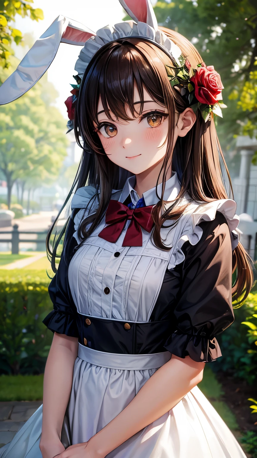 (brown hair), hair one side up, from below, ((rabbit ears)), maid headdress, (((masterpiece))), ((textured skin)), (((high details))), highres, cute, lovely, maid, apron dress, ((rose garden)), sunlight