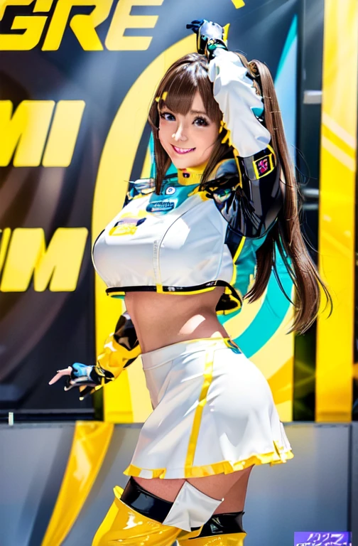 One woman standing solo, /(Grid Girls/) /(Yellow costume with logo/) mini skirt, Mature Woman, /(Brown Hair/) bangs, A gentle blushing smile, (Masterpiece of the highest quality:1.2) Delicate illustrations, super detailed, Large Breasts, Thigh High Boots Break /(Motor show indoors/), audience, Detailed Background