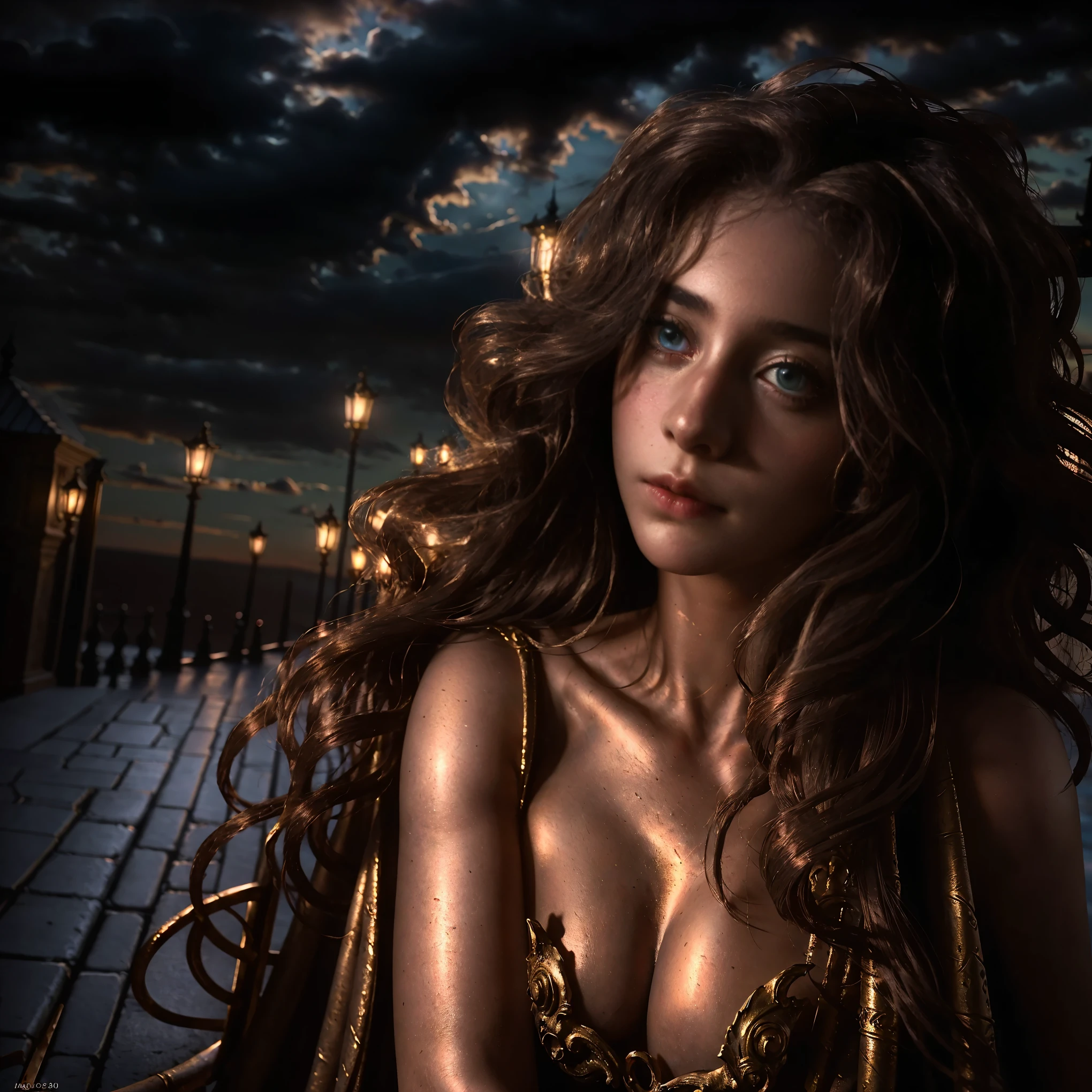 Masterpiece, Realistic, Photorealistic, Ultra Detailed, 8K, RAW photo, Depth of field, Realistic light, cinematic composition, skyscape with clouds, nightfall, Depth of field, 35 mm, Soft steampunk aesthetic, alive Gargoyle, on the roof of the Notre Damm, full-length portrait, long curly Windblown hair, Smudge contour, Cute sexy, pleasure, Depth of field, (focus: 1.2), Dark atmosphere, Cinematic lighting, Detailed face and skin texture, historic movie Style, Faded colors, big breast, hairy pussy, show nipples
