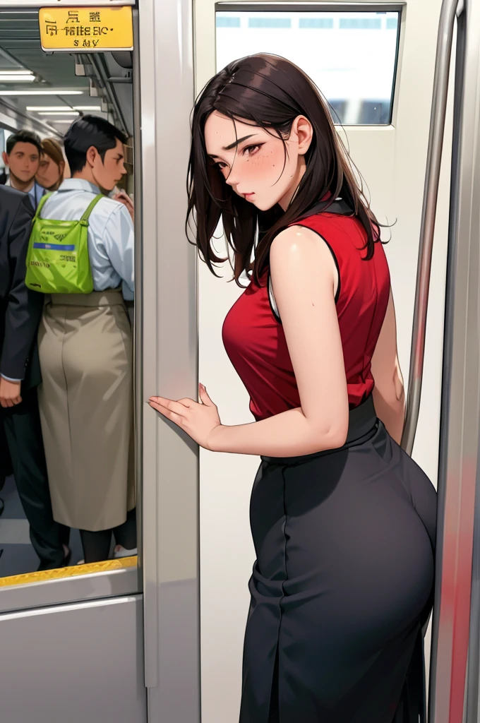 (dark madder red blouse,sleeveless,arms-baring:1.3),sideshot,from behind,(lifted skirt),(thick arms:1.2),(other's hands grabbing her ass:1.3),sweaty,single mole on cheek,black hair,voluminous hair,unkempt hair,plump tall woman, (blushed and suffering:1.2),27 years old,(fair skin:1.3),(cute eyes,tareme),plump oval face,light makeup,standing in train,leaning on train door,,skirt lifted,