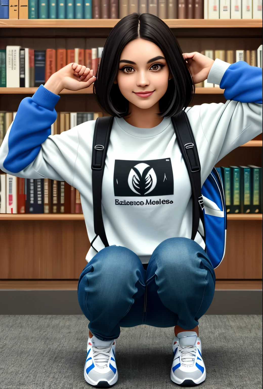 Caucasian woman, 20 years old, short straight black hair, almond-shaped brown eyes, makeup, big eyeliner, painted nails, friendly and kind smile, background, library, holds book in hand, sweatshirt, blue bracelet, backpack on back, black jeans worn around the knees, high school tennis shoes, calm body expression , various poses, extremely detailed face, high image definition, ultra HD 4k, extreme beauty, detailed hair, same face,