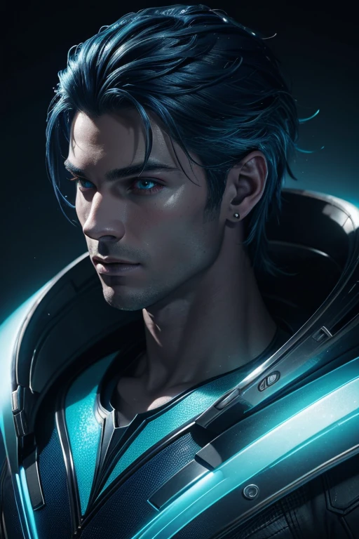 (best quality,4k,8k,highres,masterpiece:1.2), ultra-detailed, (realistic,photorealistic,photo-realistic:1.37), blue skinned male, alien mermaid, scales, fins in the ear scepter, blue skinned, black hair, medio hair, blue outfit, vibrant colors, glowing lights, futuristic concept art, metallic textures, sharp focus, dynamic composition, dramatic lighting, sideral space