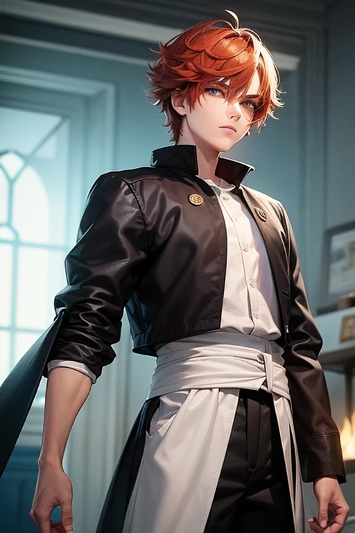 Describe a young boy with orange-red curly hair, wearing a black athletic shirt and a white lab coat. He holds a sword in his hands and stands against a backdrop of burning scenery. The air is filled with the acrid smell of smoke and the boy's hair is singed at the ends. His blue eyes are fixed on the monitor behind him as he looks intently for his next move. The scene is rendered in high realism with a 1.4 artwork quality and best resolution of 1.4. The atmosphere is somber and the colors are muted, capturing the dark and intense vibes of the moment. The polished sword and the boy's detailed features stand out