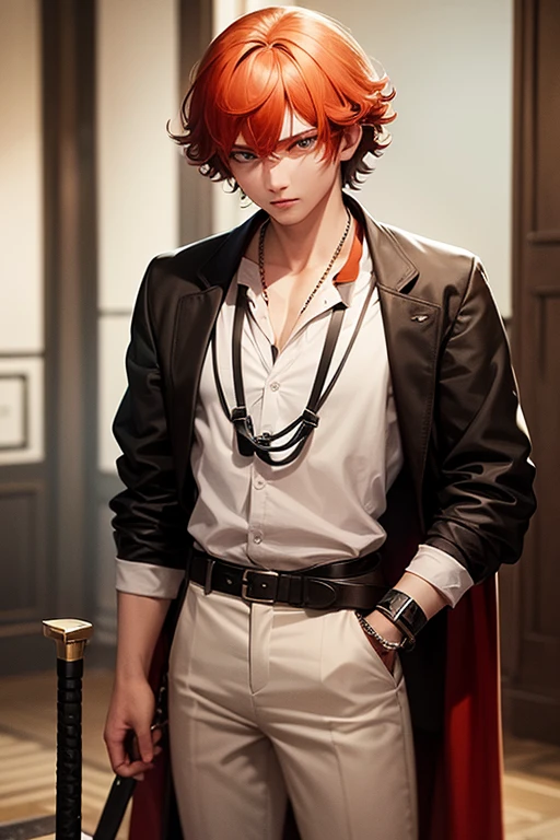 Describe a young boy with orange-red curly hair, wearing a black athletic shirt and a white lab coat. He holds a sword in his hands and stands against a backdrop of burning scenery. The air is filled with the acrid smell of smoke and the boy's hair is singed at the ends. His blue eyes are fixed on the monitor behind him as he looks intently for his next move. The scene is rendered in high realism with a 1.4 artwork quality and best resolution of 1.4. The atmosphere is somber and the colors are muted, capturing the dark and intense vibes of the moment. The polished sword and the boy's detailed features stand out