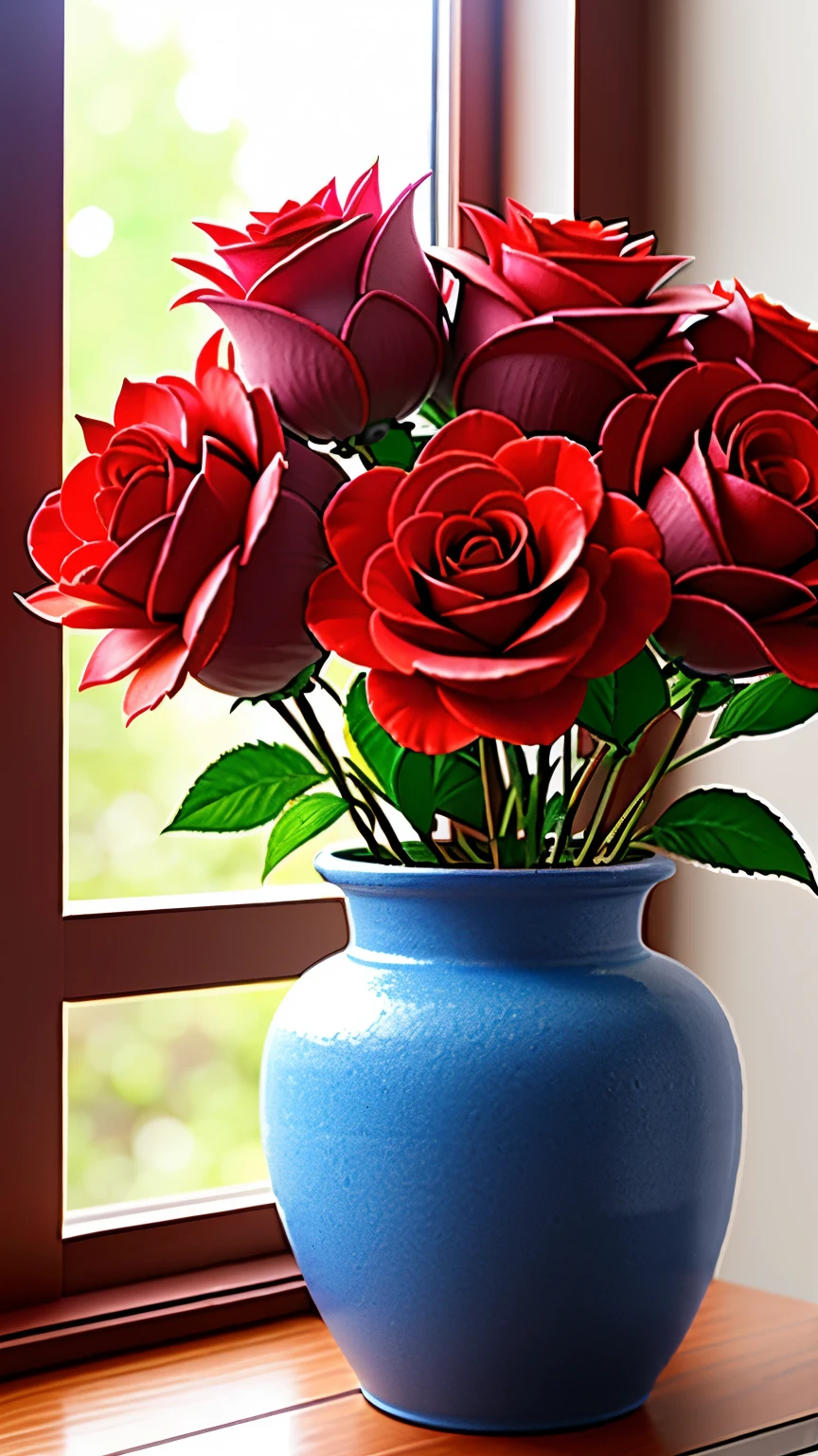 Clay pot, colorful roses, by the window, sunlight coming in, blank background, lots of details, high quality, 8k,