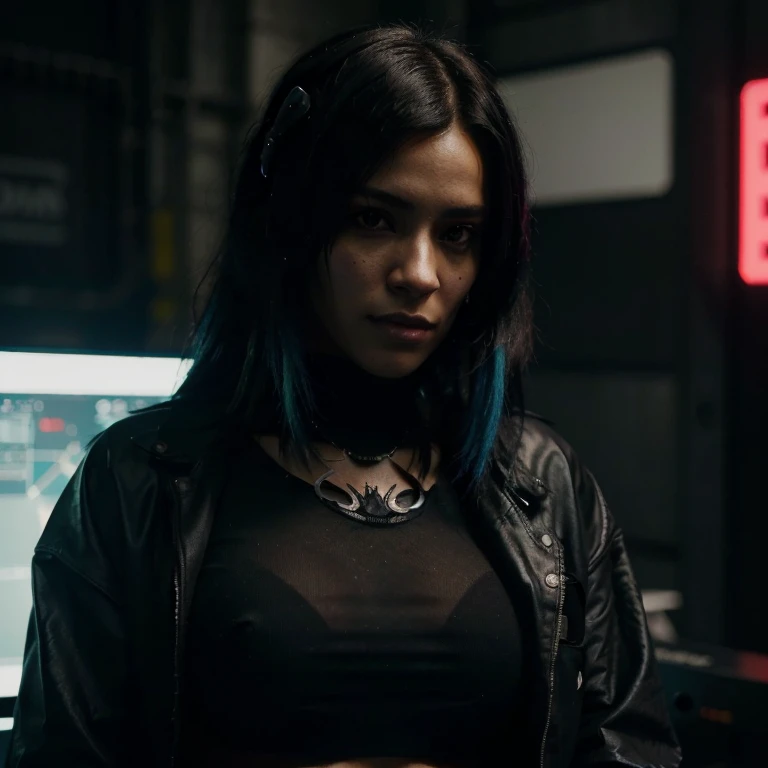 hay una mujer con una camisa negra y una chaqueta negra, puta ciberpunk, photograph of a woman in technological clothing, estilo de carbono alterado, Chica Cyberpunk de pelo negro azabache, ambiente ciberpunk, vistiendo una chaqueta de cuero cyberpunk, toda la ropa negra cyberpunk, en un ambiente ciberpunk, en estilo ciberpunk, cinematic shot, el retrato de la chica cyberpunk, cyberpunk 2 0 years. o model girl [agregar "overblack" en su camiseta] [agregarle capucha a la cabeza de la mujer]