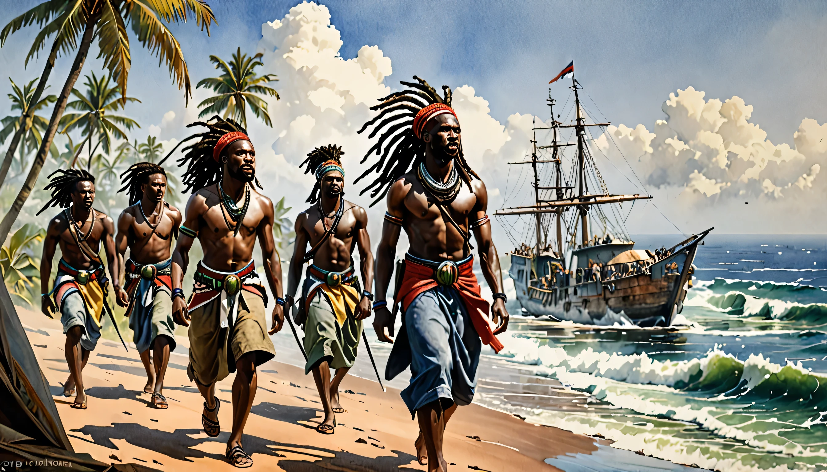 Scene coast of Africa, during the 18th Centurie. A group of African fighters with dreadlocks, Watercolor, trending on artstation, sharp focus, studio photo, intricate details, highly detailed, by greg rutkowski, Watercolor, trending on artstation, sharp focus, studio photo, intricate details, highly detailed, by greg rutkowski, Watercolor, trending on artstation, sharp focus, studio photo, intricate details, highly detailed, by greg rutkowski