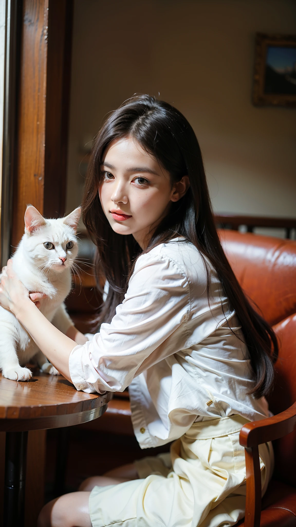 ((best quality)), ((masterpiece)), (detailed), Background in café，Girl playing with a cat