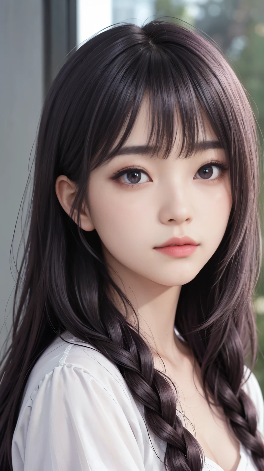 background（Black Night Sky，Big Moon），Close-up of a woman，Wearing a white shirt、Purple Hair，Very long hair，very thick braids，Purple eyes，big ， realistic girl rendering, 8k artistic german bokeh, Enchanting girl, Real Girl, Gurwitz, Gurwitz-style artwork, Girl Roleplay, Realistic 3D style, cgstation Popular Topics,, 8K Portrait Rendering,（truth，truth：1.4），Wear pink pajamas，巨big ，Sparkling eyes，Purple eyes