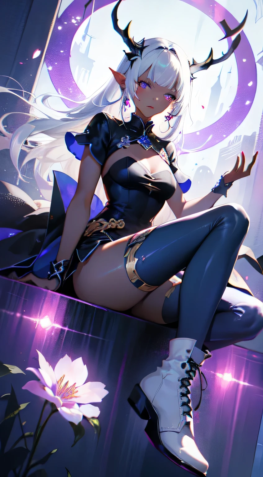 ((masterpiece, best quality)), official art, 8k wallpaper, ultra detailed,  mature dark elf girl, ((dark blue and white dress)), girl in a buble, sitting, flowers, expressionless, ((White boots)), glass texture, light transmission, spectral light, gradient translucent glass melt, caustic, transparent glass texture, high detail luminescence, (prismatic patterns on hair and clothes:1.3), ((glowing petals encircle and intertwine around her)), watercolor, watercolor style, splatter, vibrant color, art by Artgerm, by Kawacy, by Yoshitaka Amano, BREAK, highly detailed of (dark elf), (1girl), solo, perfect face, details eye, Blunt bangs, (hair between eye), white hair, violet eyes, BREAK, eyelashes, eyeshadow, pink eyeshadow, (dark skin:1.2), glaring, smile, medium breast, BREAK, extremely detailed, Dutch angle,