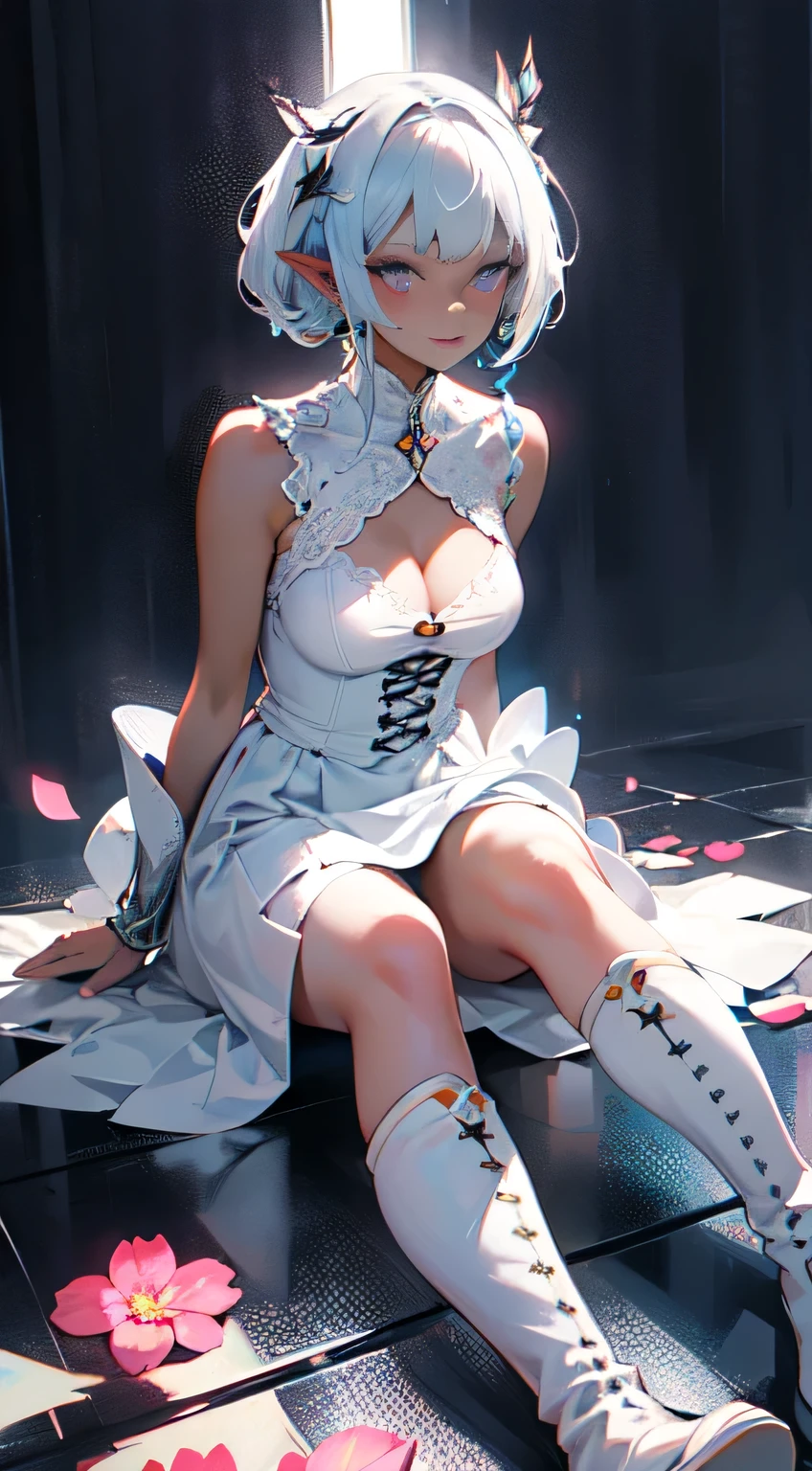 ((masterpiece, best quality)), official art, 8k wallpaper, ultra detailed, mature dark elf girl, ((dark blue and white dress)), girl in a buble, sitting, flowers, expressionless, ((White boots)), glass texture, light transmission, spectral light, gradient translucent glass melt, caustic, transparent glass texture, high detail luminescence, (prismatic patterns on hair and clothes:1.3), ((glowing petals encircle and intertwine around her)), watercolor, watercolor style, splatter, vibrant color, art by Artgerm, by Kawacy, by Yoshitaka Amano, BREAK, highly detailed of (dark elf), (1girl), solo, perfect face, details eye, Blunt bangs, (hair between eye), white hair, violet eyes, BREAK, eyelashes, eyeshadow, pink eyeshadow, (dark skin:1.2), glaring, smile, medium breast, BREAK, extremely detailed, Dutch angle,