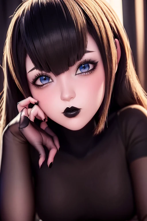 20 year old woman , lenceria, perfect asymmetrical face and detailed eyes 3D slender figure big oppais long hair, pose sexy , y mirando al espectador, imagen perfecta para wallpaper fanart, gothic makeup voluminous and red lips