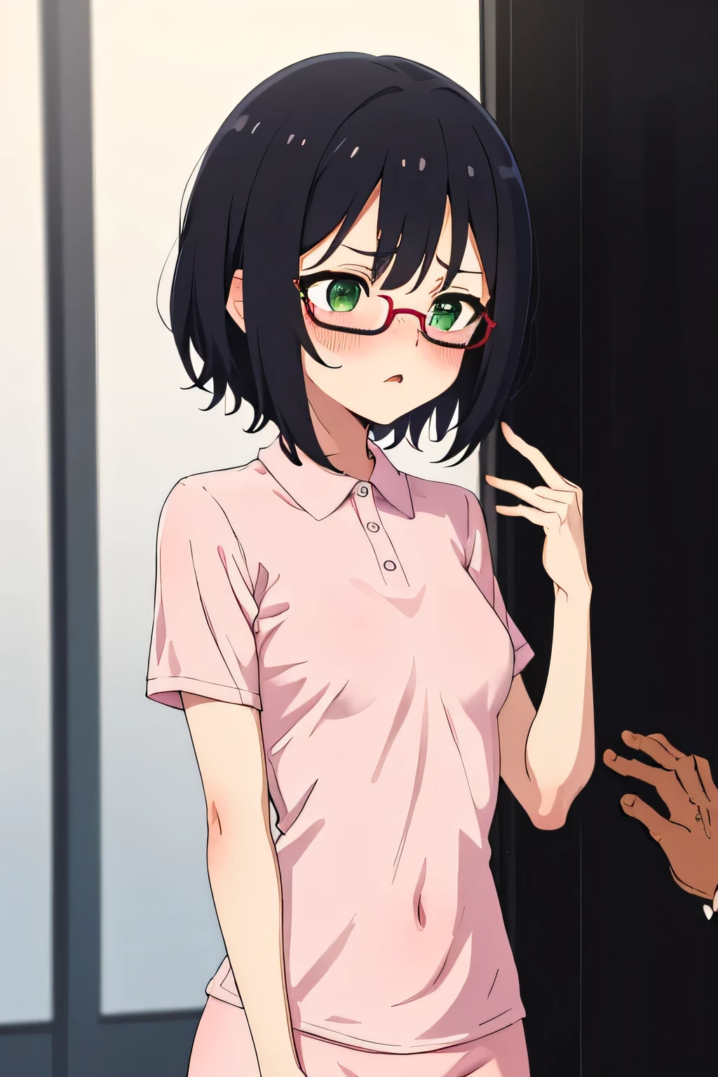 In town,Small breasts that can be rolled up, Troubled face Black hair,short hair,Green Eye Glasses,(Shocking pink plain polo shirt, Short sleeve, naked), (High resolution, high quality:1.1), Intricate details, 1 girl,(blush,Embarrassing)Lots of people around, thin pubic hair, whole body