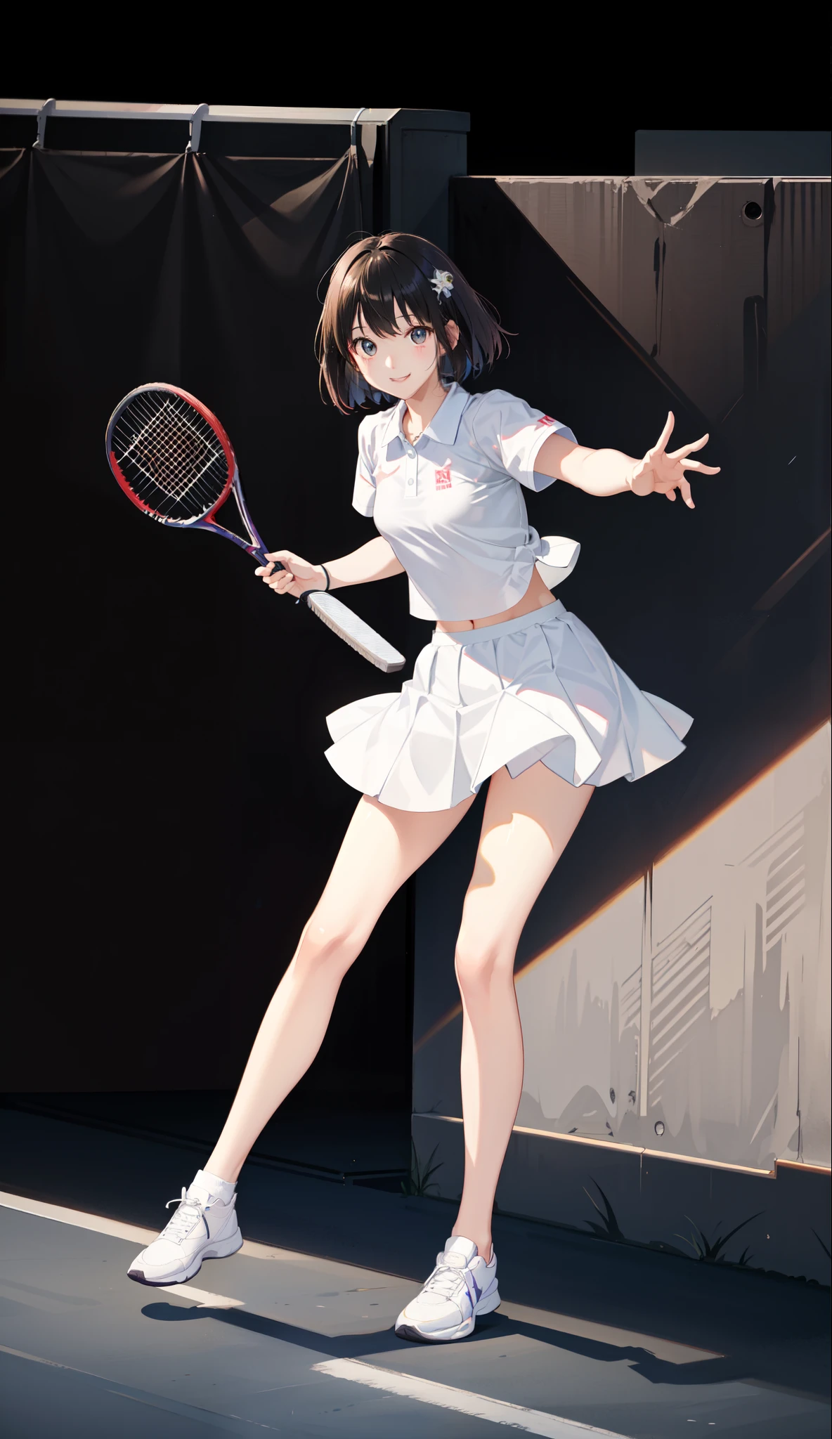 full body,１The girls、shirts、pleatedskirt、、Bob Hair Style、a smile、delightful!、japanes、enmaided、Chromo-white skin、Beautiful eyes、（small tits）、Playing tennis、Wimbledon、Wearing white tennis wear、Movie Lighting、